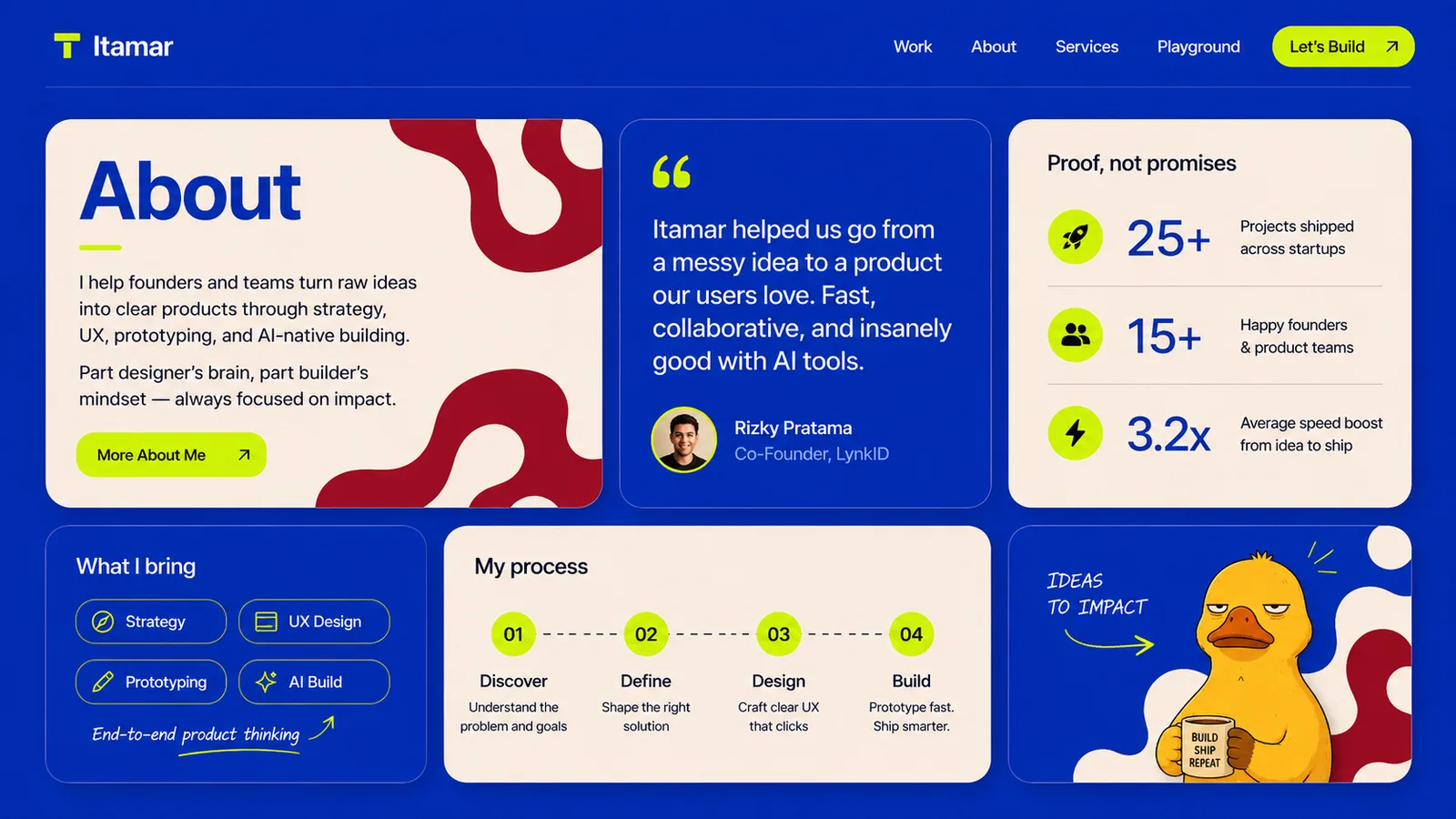 About, testimonials, capabilities and process sections designed to continue the blue duck hero